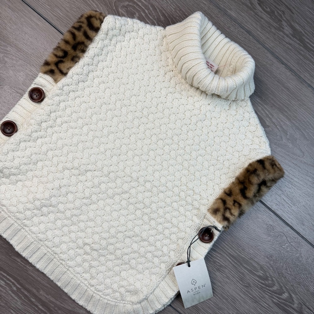 Aspen Kids Girls Sweater Poncho Cable Knit Faux Fur Trim Cream XS 4